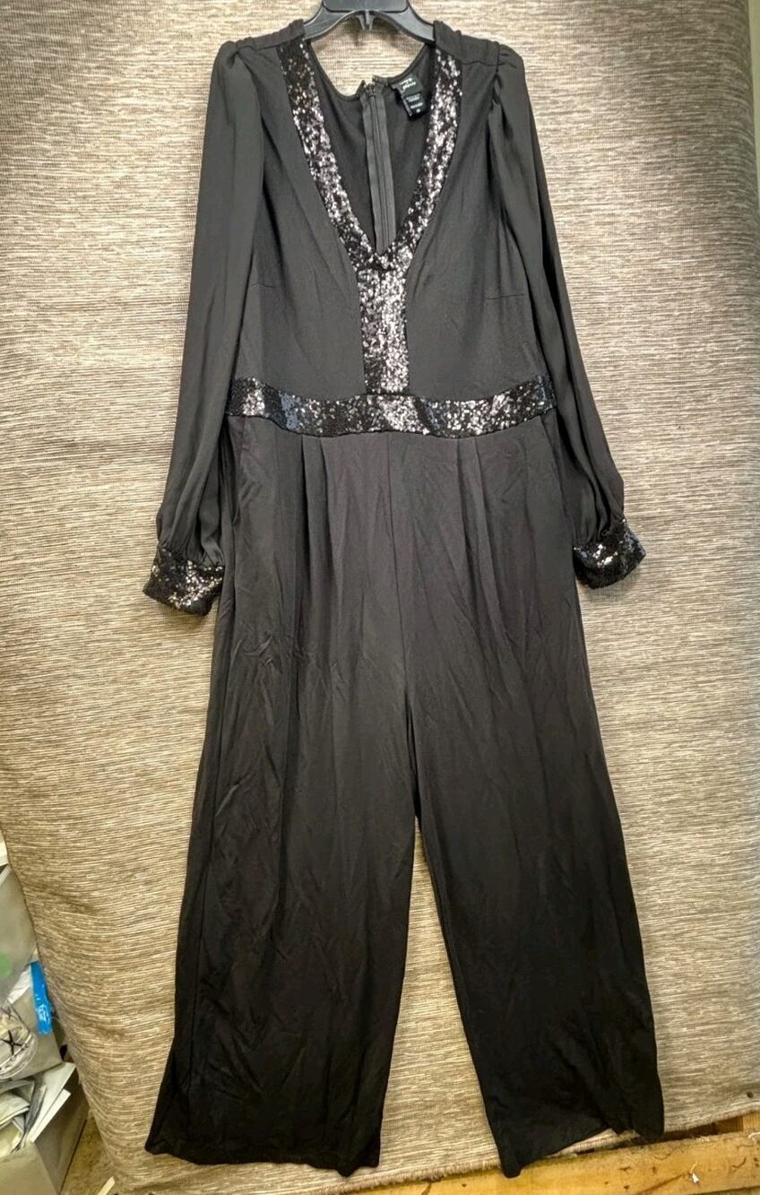 Torrid X Sylvia Mollie Ponte Sequin Trim Jumpsuit Womens 24 Black Long Sleeve